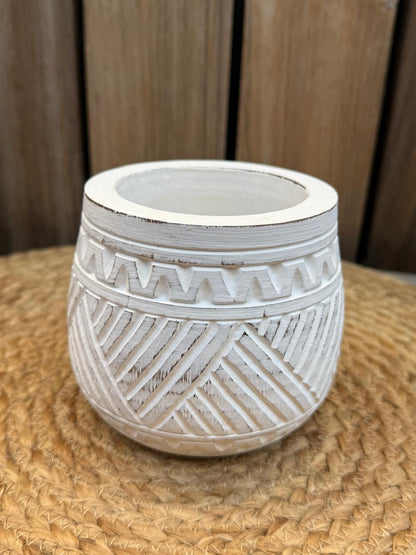 Handgemaakte Houten Pot met Balinees Houtsnijwerk – 10 x 10 cm – Wit of Naturel