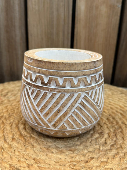Handgemaakte Houten Pot met Balinees Houtsnijwerk – 10 x 10 cm – Wit of Naturel