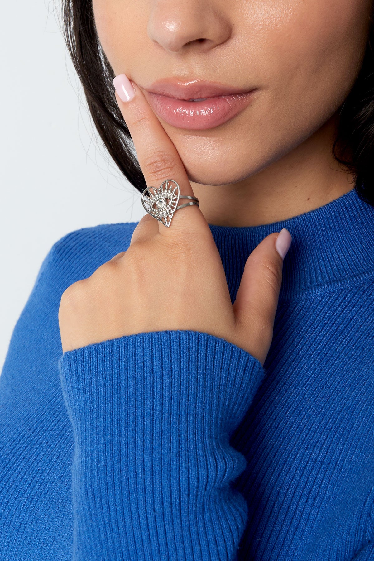 Zilveren Oog & Hart Ring – Verstelbare Stainless Steel