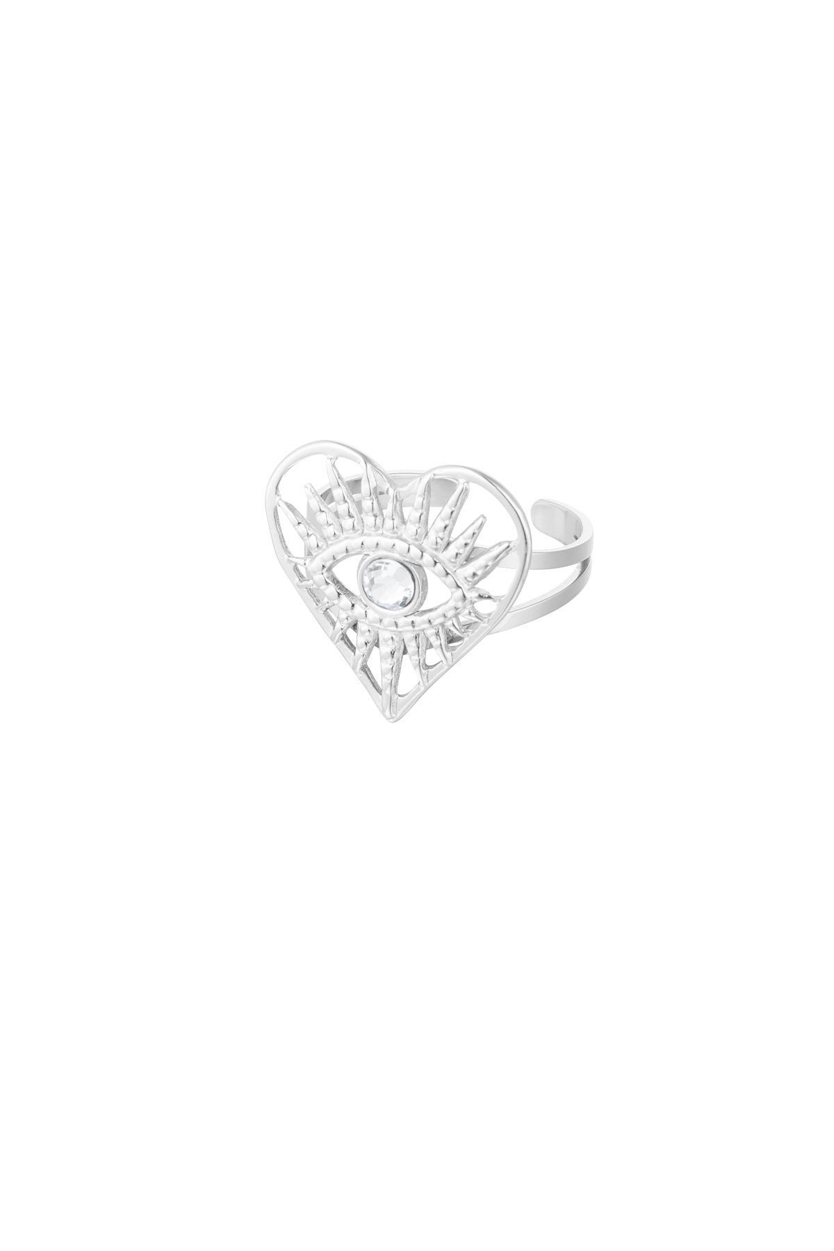 Zilveren oog & hart ring – verstelbare stainless steel damesring – Krokomingo