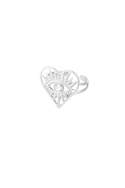 Zilveren oog & hart ring – verstelbare stainless steel damesring – Krokomingo