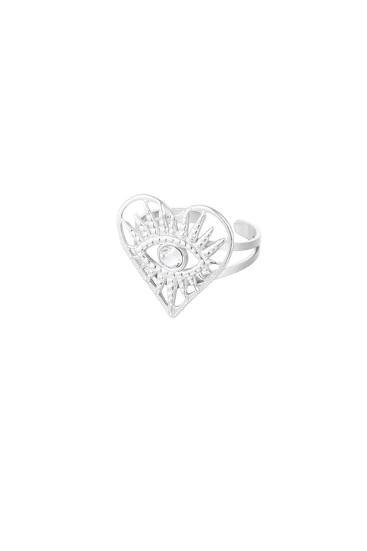 Zilveren oog & hart ring – verstelbare stainless steel damesring – Krokomingo