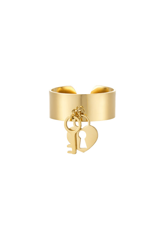 Gouden hart en sleutel ring – verstelbare stainless steel damesring – Krokomingo