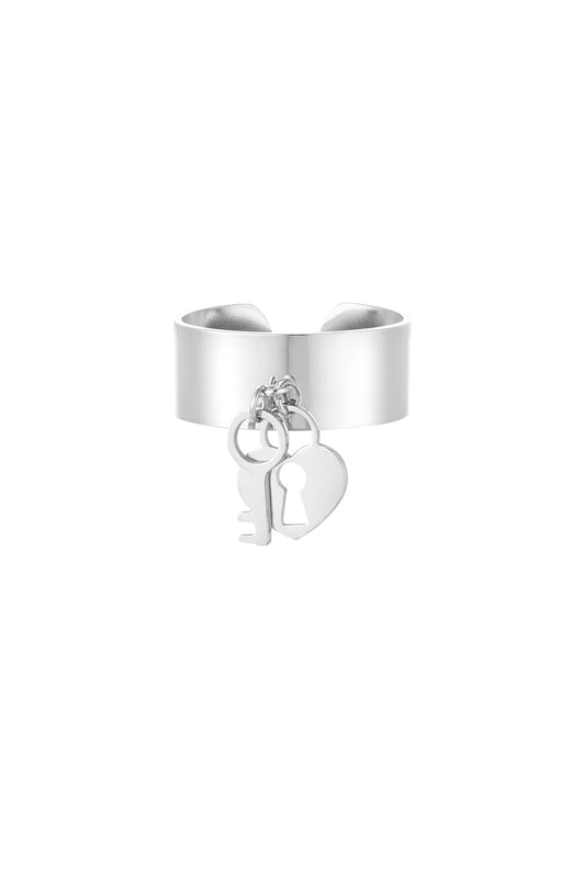 Zilveren hart en sleutel ring – verstelbare stainless steel damesring – Krokomingo