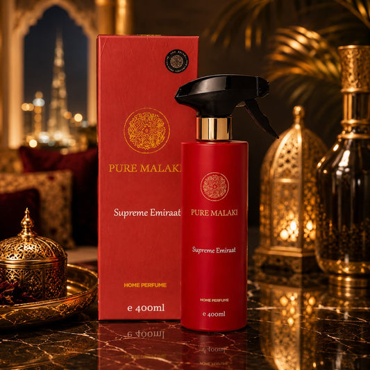 Pure Malaki Supreme Emiraat roomspray 400 ml luxe Arabisch huisparfum met warme kruidige en houtachtige geurnoten.