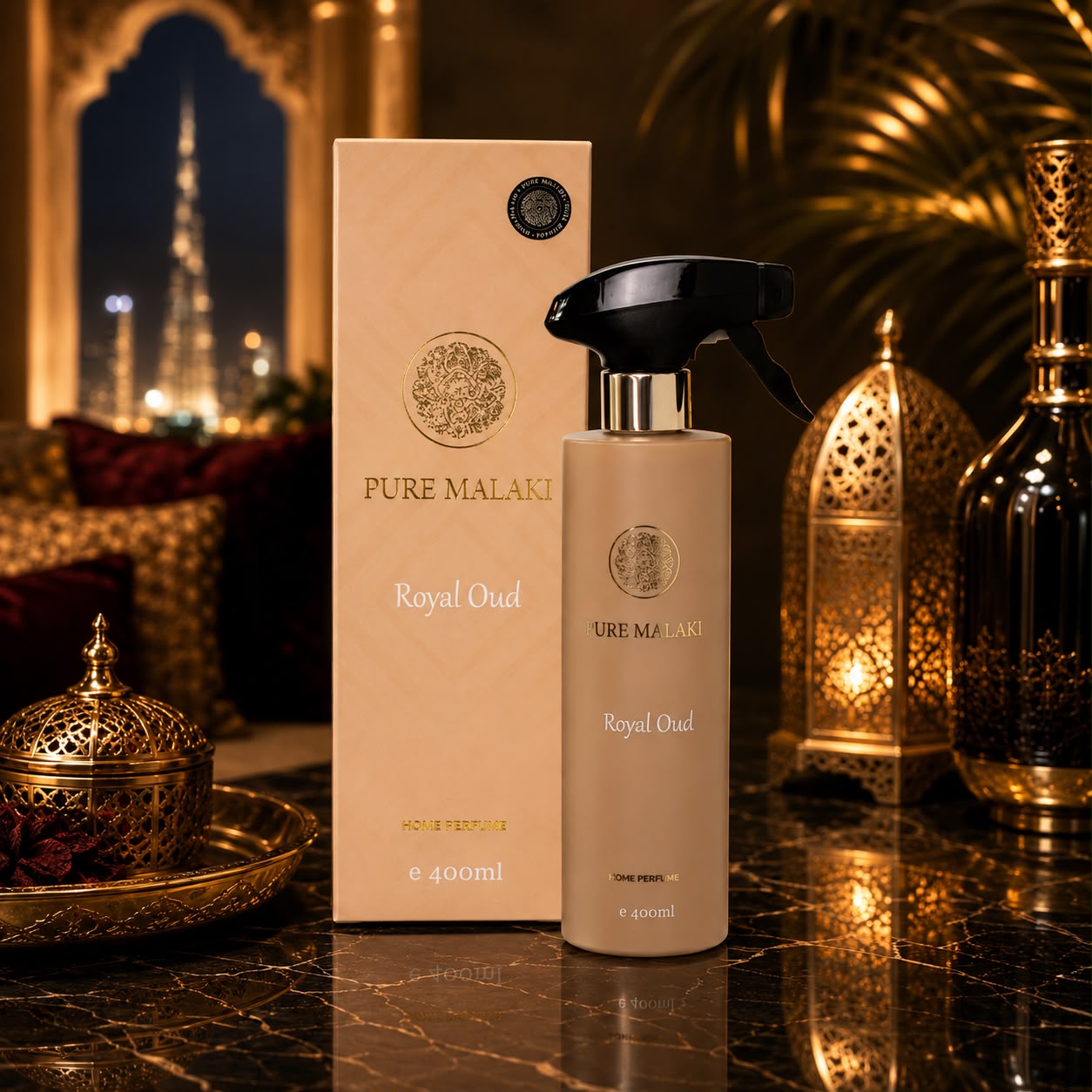 Pure Malaki Royal Oud huisparfum 400 ml luxe Arabische roomspray met rijke oudh geur in stijlvolle flacon en verpakking