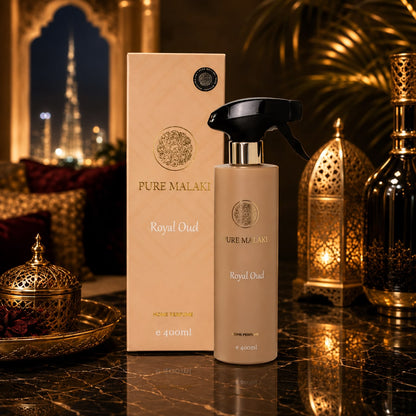 Pure Malaki Royal Oud huisparfum 400 ml luxe Arabische roomspray met rijke oudh geur in stijlvolle flacon en verpakking