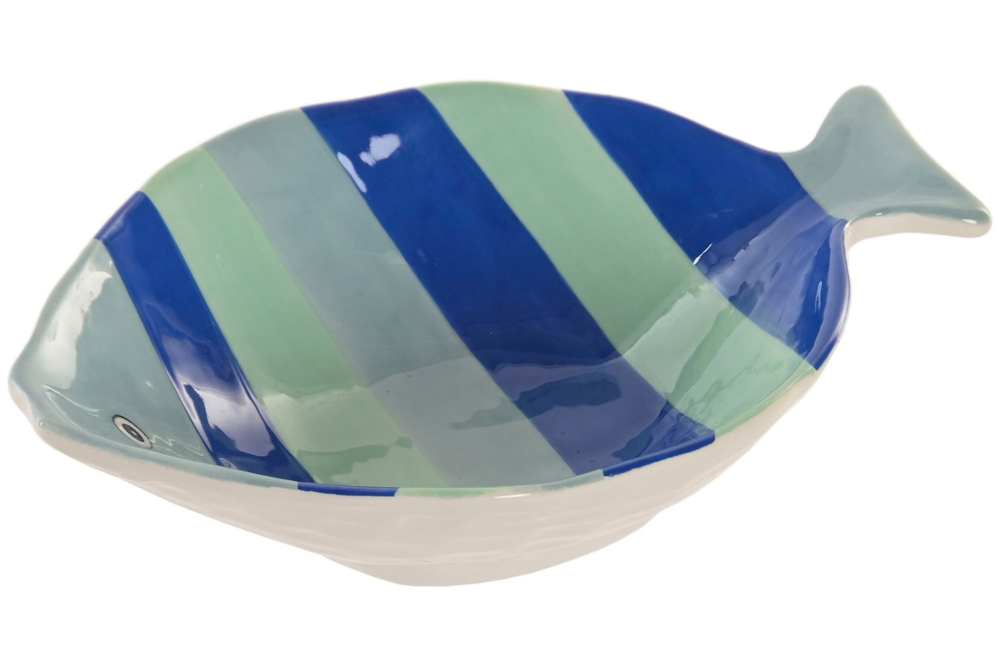blauwe vis schaal keramiek serveerschaal visvorm strepen decoratie