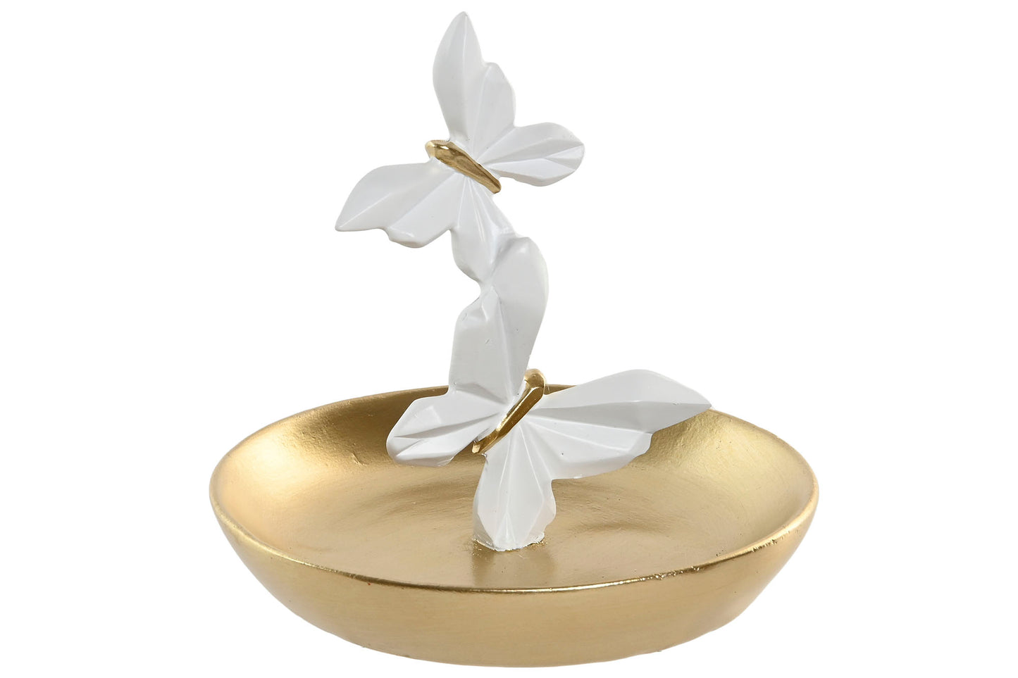 Gouden sleutelschaaltje met twee witte vlinders – decoratief en elegant opbergaccessoire van polyresin