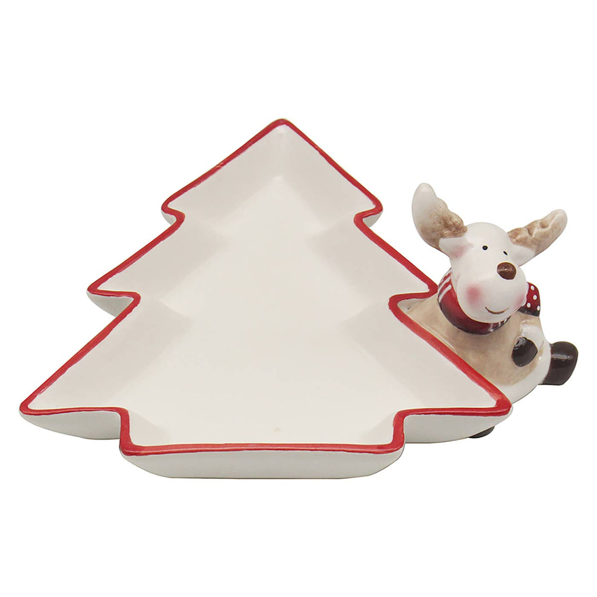 Crèmewit keramisch kerstboom schaaltje met rode rand en vrolijk rendiertje met gewei en kerstsjaal, 14 x 7,5 x 16,5 cm