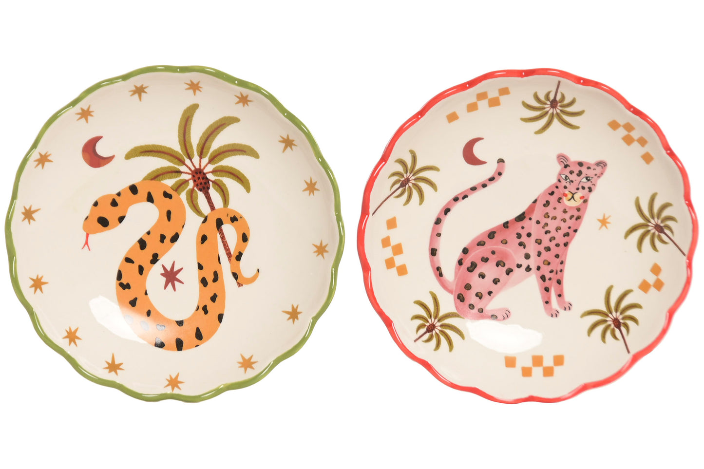 Keramisch jungle sleutelschaaltje van 15 cm, verkrijgbaar met kleurrijke slang of roze luipaard illustratie voor sleutels en sieraden.
