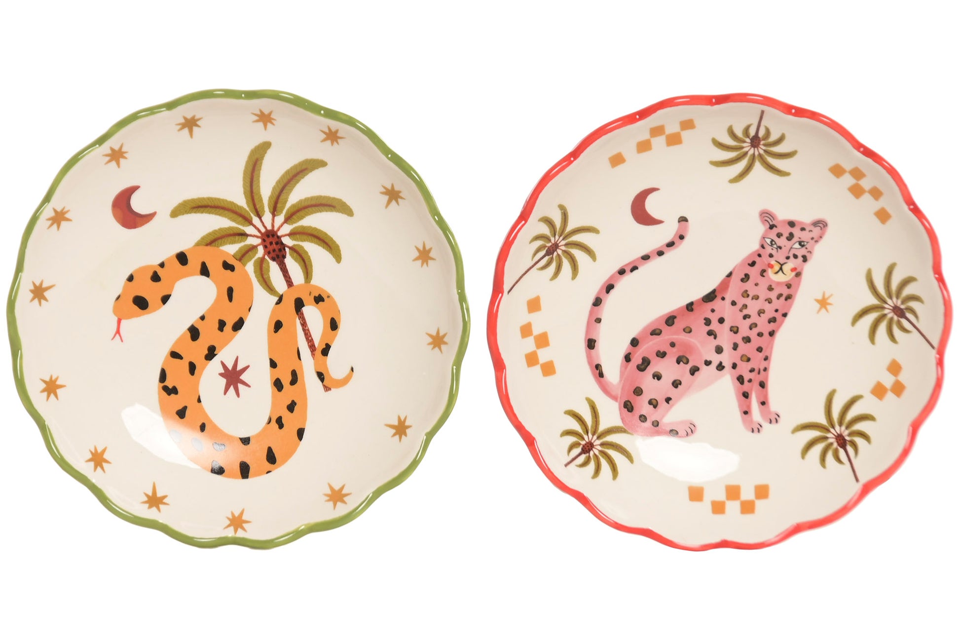 Keramisch jungle sleutelschaaltje van 15 cm, verkrijgbaar met kleurrijke slang of roze luipaard illustratie voor sleutels en sieraden.