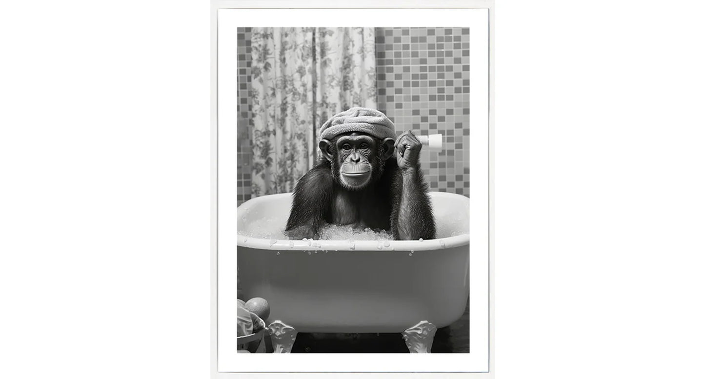Monkey in the bath wall art – black and white art print in a white frame – 45 × 60 cm