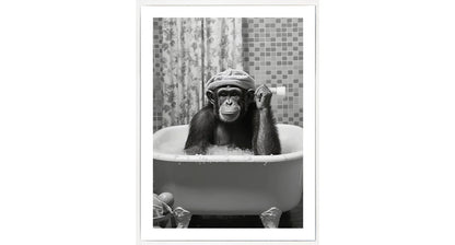 Monkey in the bath wall art – black and white art print in a white frame – 45 × 60 cm
