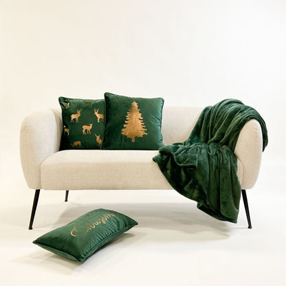 Groen velvet kerstkussen met gouden rendieren – Krokomingo