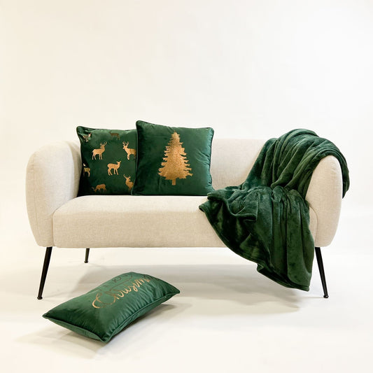 Groen velvet kerstkussen met gouden rendieren – Krokomingo