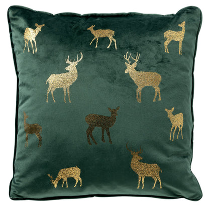Kerstkussen Groen Velvet – Gouden Rendieren – 45x45