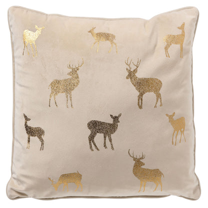 Wit velvet kerstkussen met gouden rendieren – Krokomingo