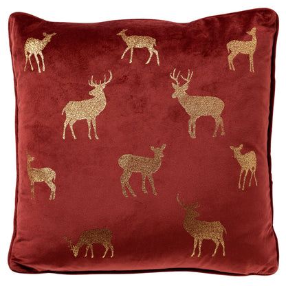 Rood velvet kerstkussen met gouden rendieren – Krokomingo