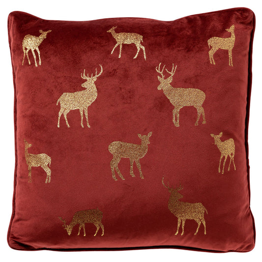 Rood velvet kerstkussen met gouden rendieren – Krokomingo