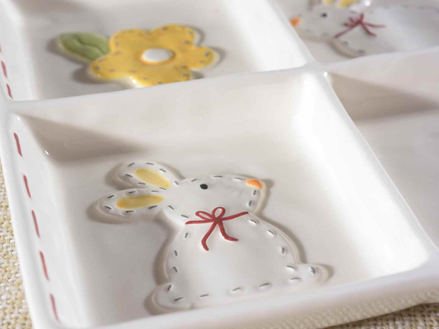 Ceramic Easter Snack Dish with Bunnies - Divided Serving Dish 4 Compartments