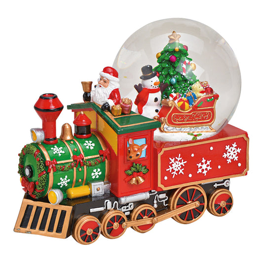 Grote sneeuwbol op kersttrein met kerstman, rendier, sneeuwpop en cadeaus – muziekdoos met We Wish You a Merry Christmas – Wurm – 25 cm