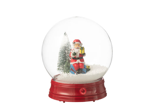 Grote kerstglobe met kerstman, cadeaus, LED licht, muziek en sneeuweffect – J-Line – 23 cm