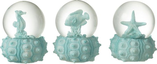 Decoratieve waterbal zee klein in azuurblauw met zeepaardje, vis of zeester op koraalvoet – 8,5 cm hoog