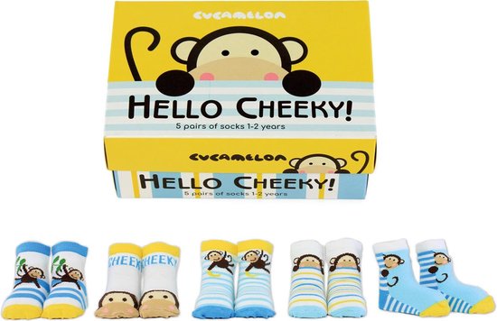 Set van 5 kindersokken met aapjes in kleurrijke cadeaudoos – maat 1-2 jaar