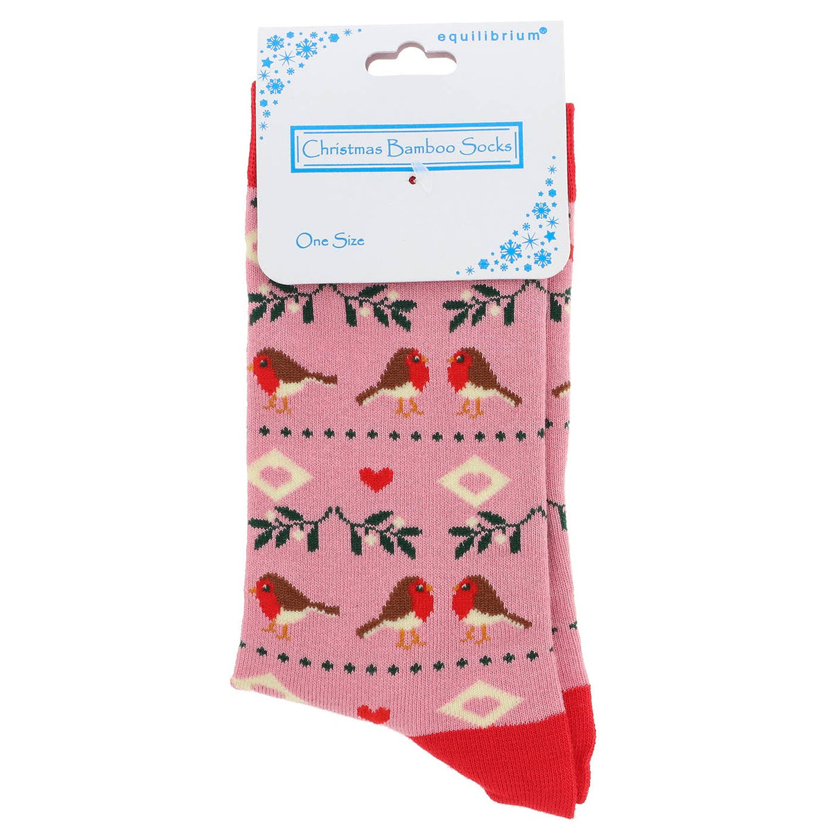 Equilibrium luxe bamboe kerstsokken dames roze met roodborstjes, groene maretak, hartjes en rode tenen maat 36-41