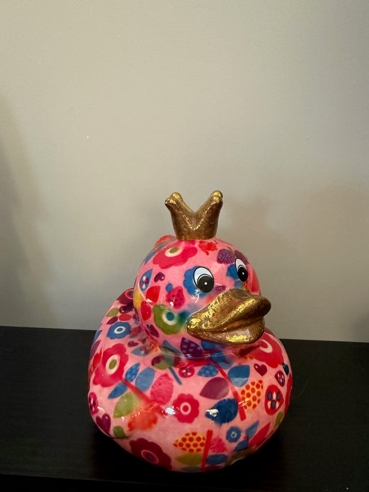 Pomme Pidou spaarpot eend Ducky – keramiek met bloemenprint en gouden kroon – 14 cm – Krokomingo