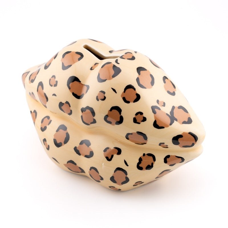 Keramische spaarpot in de vorm van lippen met leopard print, glam decoratief object