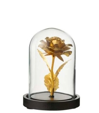 Gouden Roos in Glazen Stolp – J-Line Decoratie – 11,5 x 16 cm