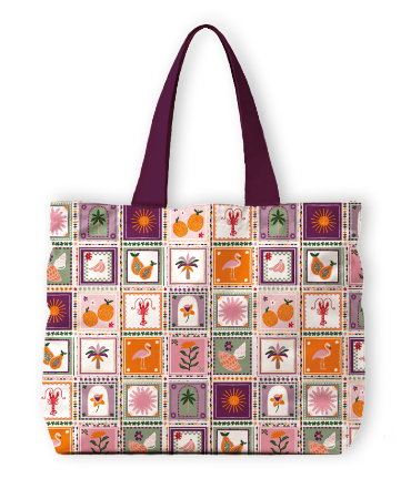 XL canvas strandtas Tropical Tiles 65x18x49 cm met kleurrijke print van flamingo's, tropisch fruit en palmbomen