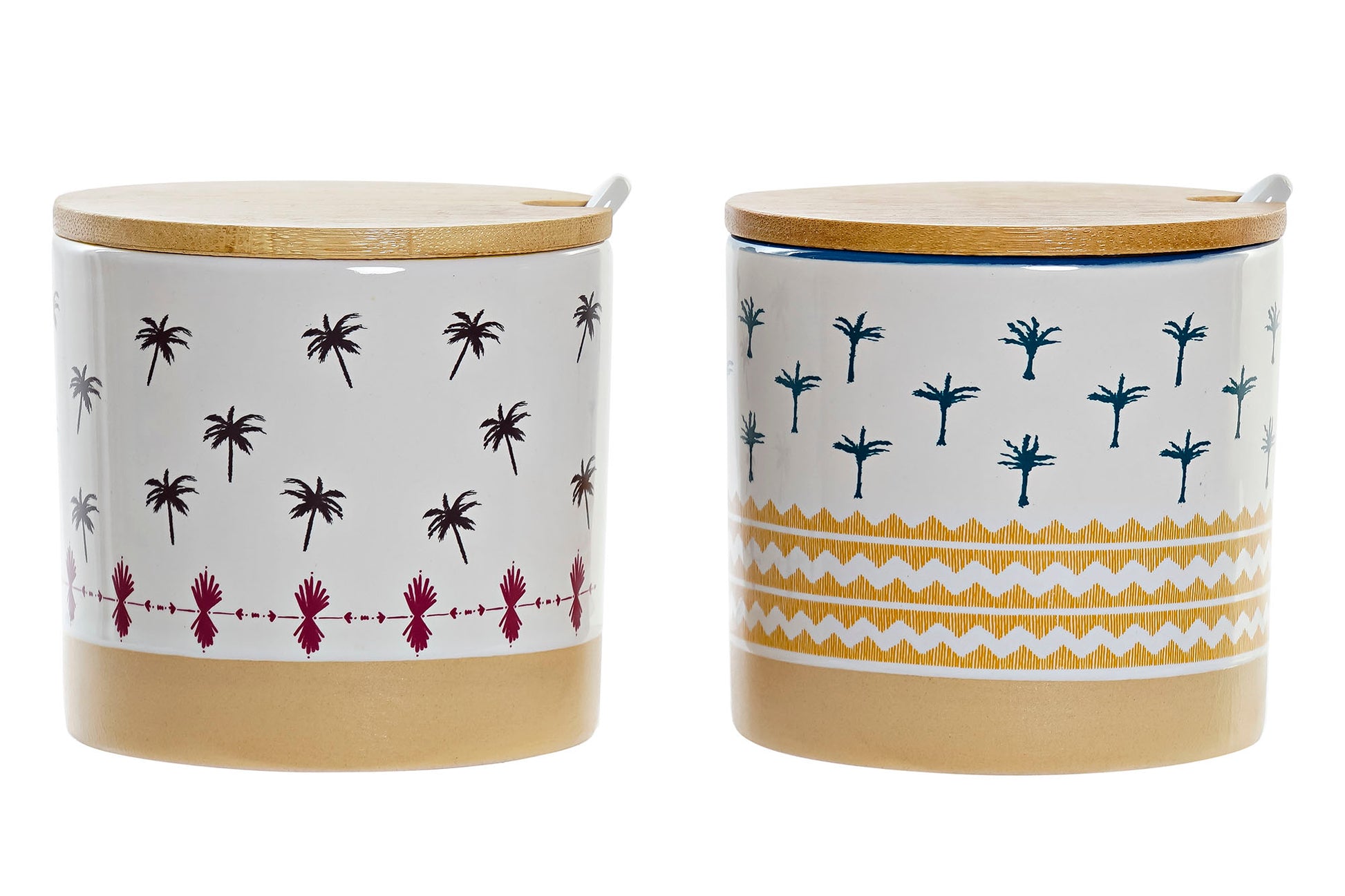 Stoneware suikerpot met bamboe deksel en tropisch palmboomdessin inclusief lepeltje, verkrijgbaar in twee uitvoeringen
