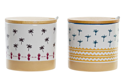 Stoneware suikerpot met bamboe deksel en tropisch palmboomdessin inclusief lepeltje, verkrijgbaar in twee uitvoeringen