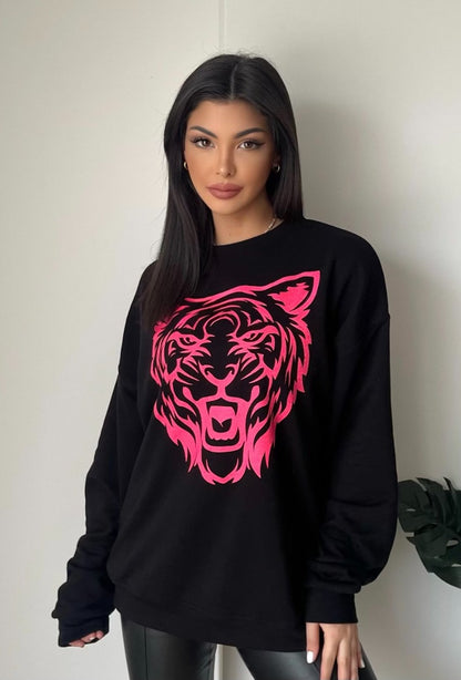Zwarte Sweater – Neon Roze Tijger – Onesize