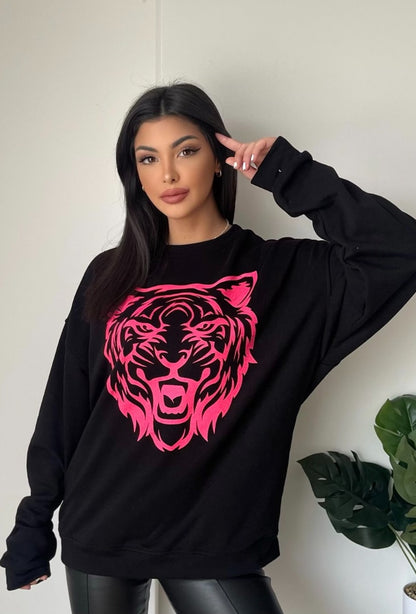 Zwarte Sweater – Neon Roze Tijger – Onesize