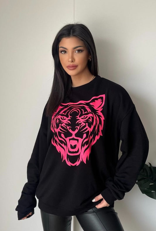 Zwarte sweater met neon roze tijgerkop print – trendy damesmode