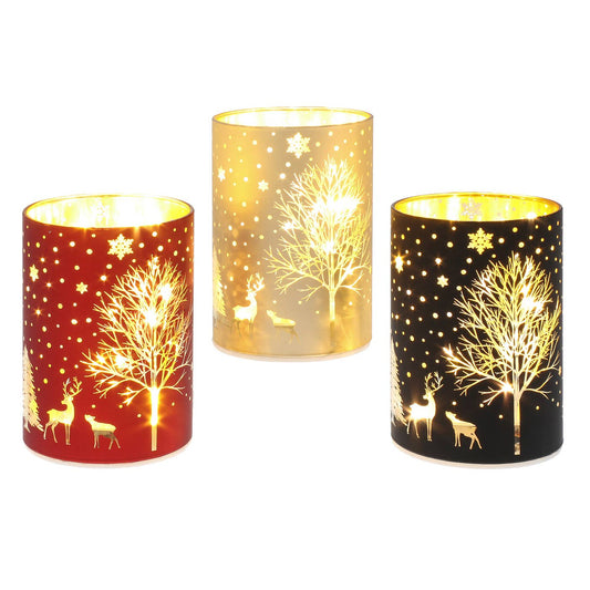 Drie glazen LED kerstlampjes in zwart, goud en rood met verlichte kerstbomen, herten, sterren en sneeuwvlokken, 7 x 7 x 10,2 cm