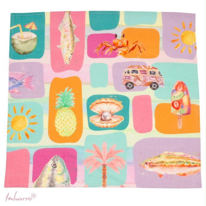 Imbarro theedoek Summer Breeze 70 x 70 cm met ananas vis krab en zon