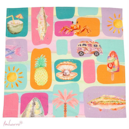 Imbarro theedoek Summer Breeze 70 x 70 cm met ananas vis krab en zon