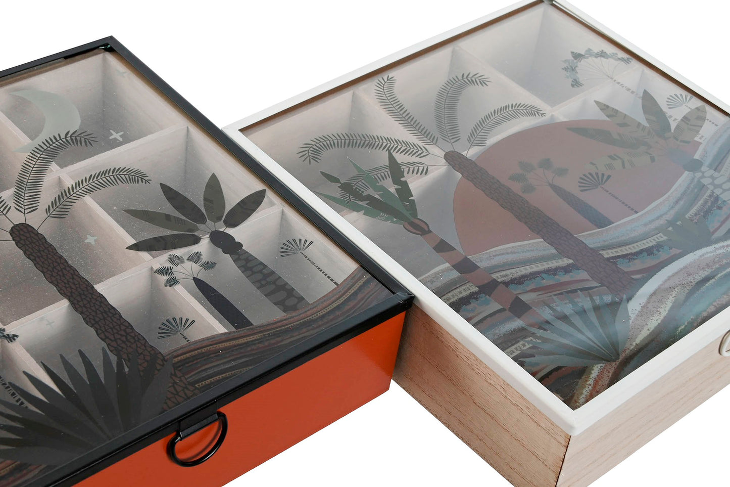 Theedoos met glazen deksel en tropische print in terracotta of naturel met 9 opbergvakken