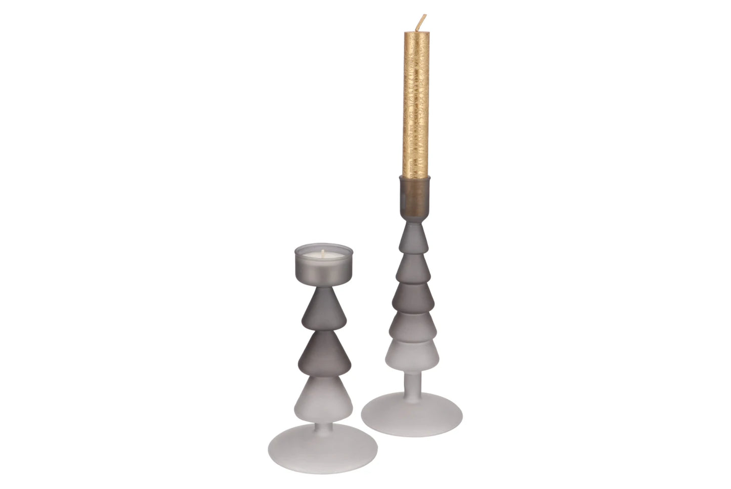 Glazen kerstboom kandelaar of theelichthouder in tricolor grijstinten – 17 cm of 22 cm