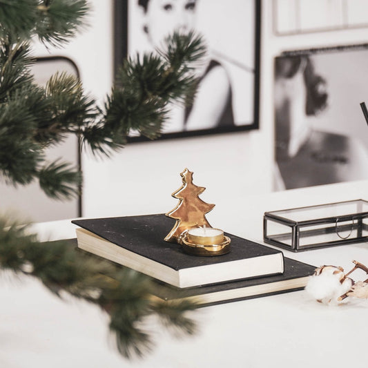 Kerstboom theelichthouder goud – Housevitamin – keramiek – 8 cm