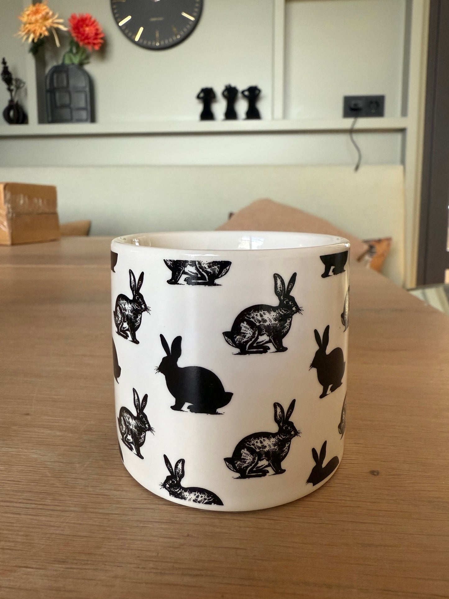 keramiek theelichthouder konijntjes zwart wit paasdecoratie