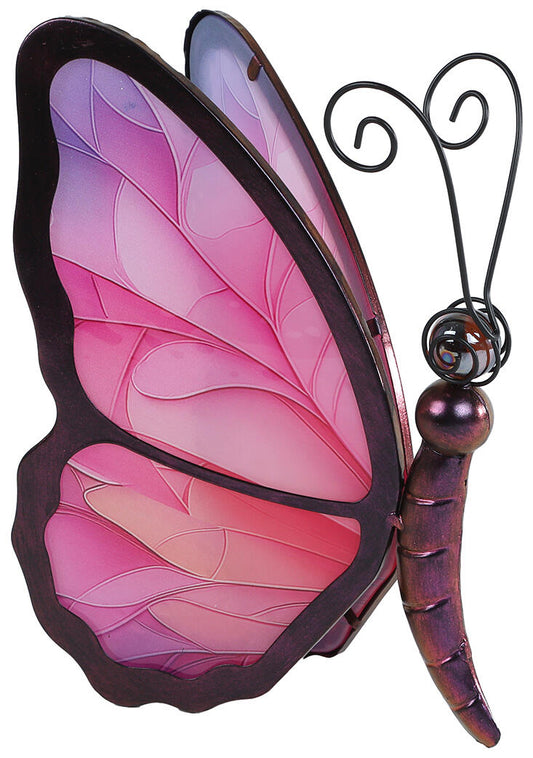 Roze vlinder theelichthouder van glas en metaal – 17,5x14x25 cm