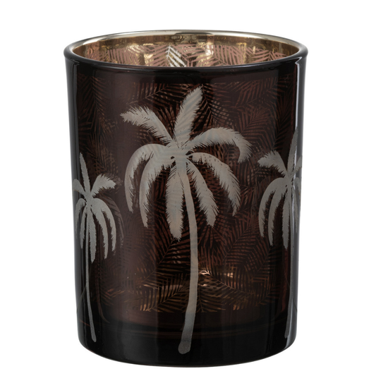 Waxinelichthouder van bruin glas met palmboomprint – J-line – Tropische sfeer – verkrijgbaar in twee maten