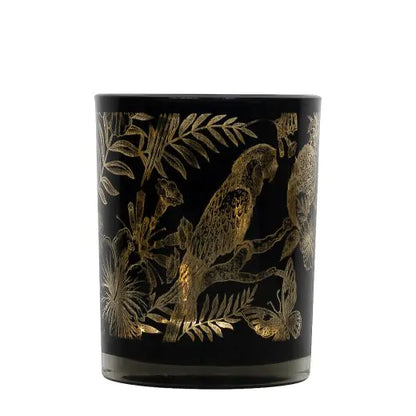 Theelichthouder Set – Zwart Goud Papegaaien – Glas