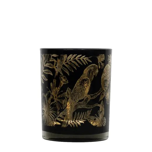 Theelichthouder Set – Zwart Goud Papegaaien – Glas